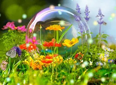 Une bulle irisée posée parmi des fleurs colorées d'un jardin